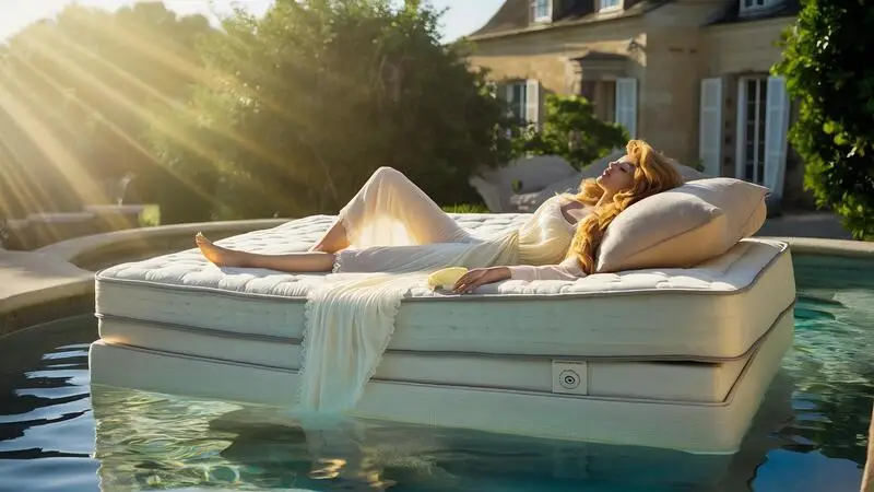 Mujer tumbada en un colchón viscoelástico dentro de una piscina