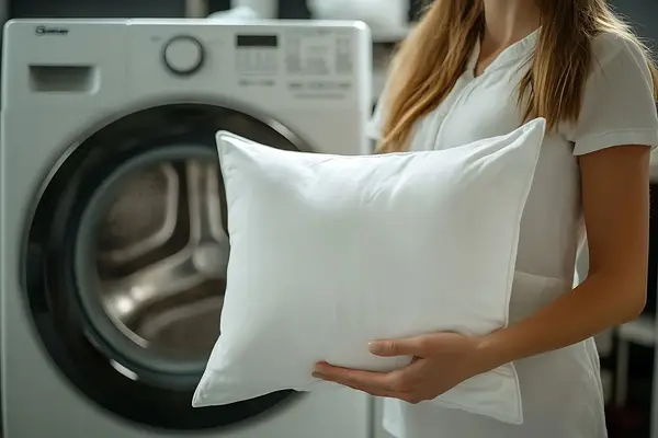 Mujer metiendo la almohada a la lavadora