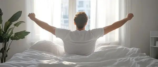 hombre despertándose con la espalda aliviada en un colchón viscoelástico