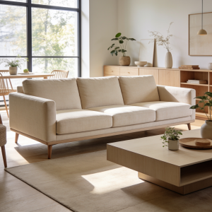 Sofá de tres plazas en color beige claro dentro de un salón luminoso de estilo nórdico, ideal para ilustrar una guía sobre cómo limpiar un sofá de tela y mantener su tapicería impecable.