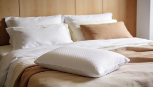 Imagen de portada para artículo sobre almohadas viscoelásticas o de fibra. Se muestra una cama arreglada con sábanas y mantas en tonos neutros. En primer plano, una almohada viscoelástica blanca de textura acolchada. Al fondo, la cabecera de madera y más almohadas de fibra.