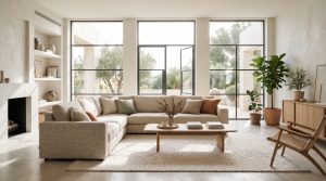 Sofá chaiselongue moderno tapizado en tonos claros en un salón amplio y luminoso